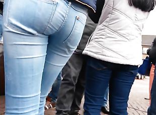 Amazing brunette in tight blue jeans a tight sweater candid porno