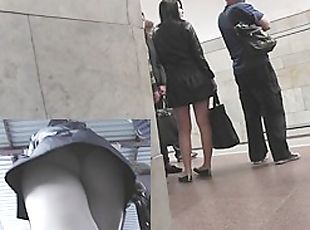 Short haired blonde in a public crowded upskirt large bouncy ass